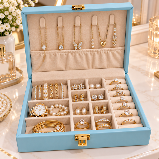 1. Elegant Jewelry Organizer Case – Blue Box with Multiple Compartments