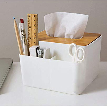 2-in-1 Tissue Box Organizer With Wooden Lid