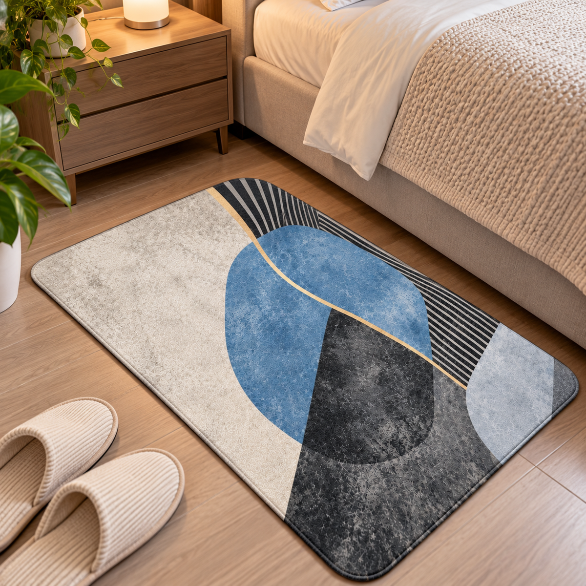 Abstract Geometric Floor Mat Blue Grey & Beige Design (22x15Inch)