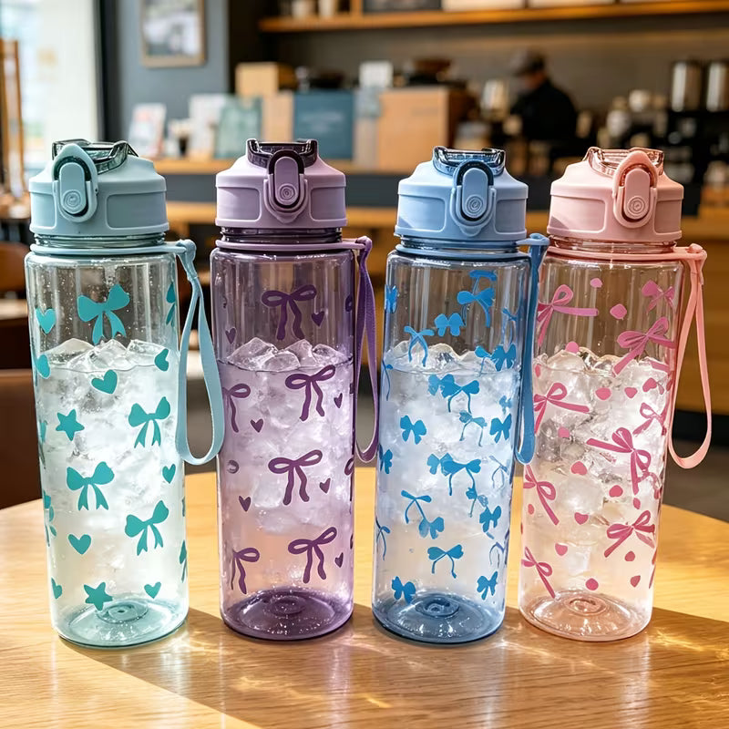 Aesthetic Bow Water Bottle – Reusable Bottle with Carrying Strap
