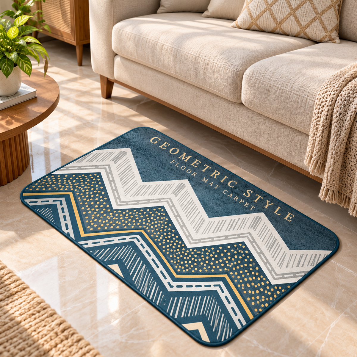 Blue Geometric Pattern Floor Mat Modern Decorative Home Rug