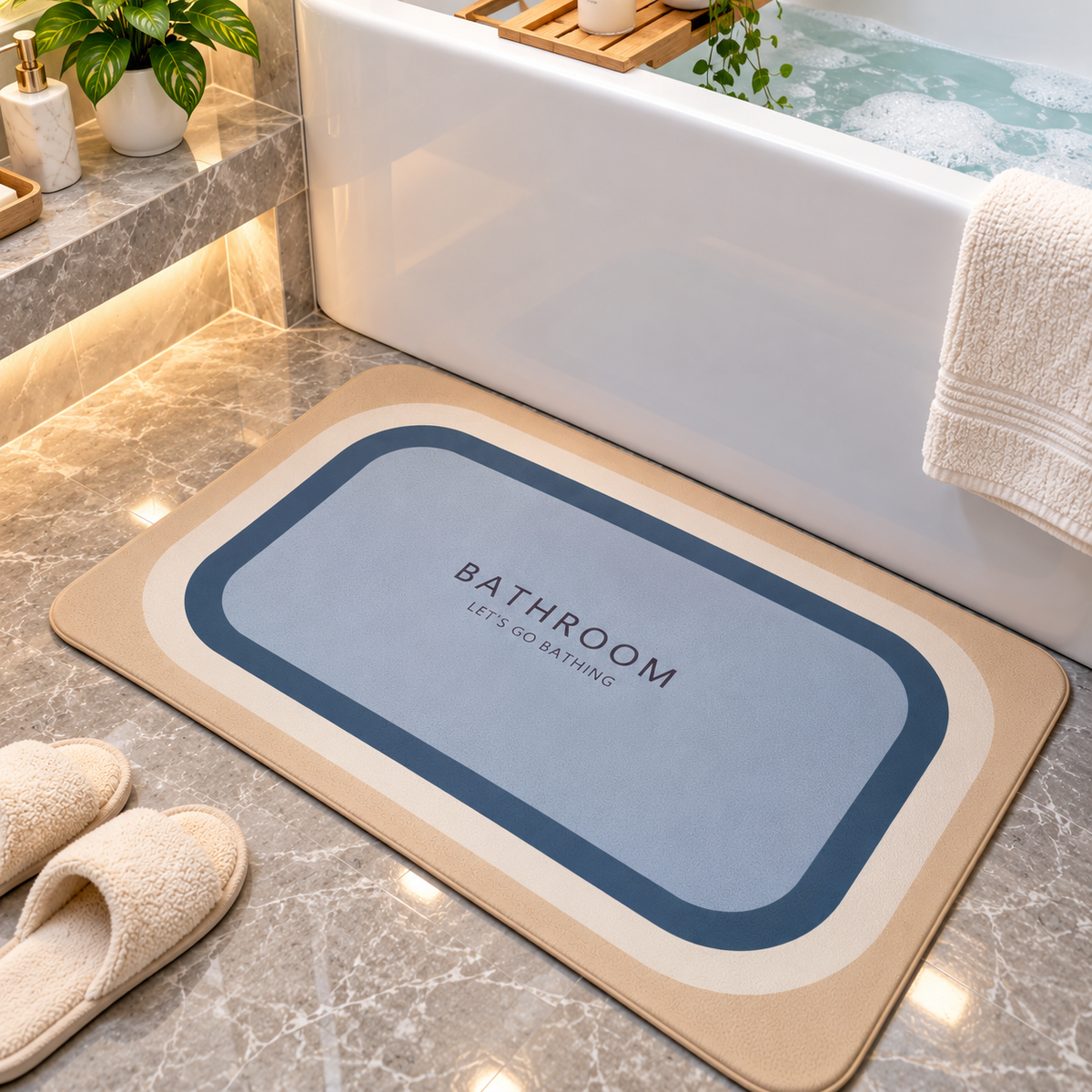 Blue & Grey Bathroom Mat Modern Bath Floor Rug (22x15Inch)