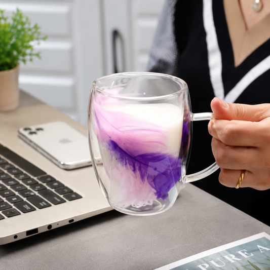 Elegant Feather Filled Double Wall Glass Mug with Handle
