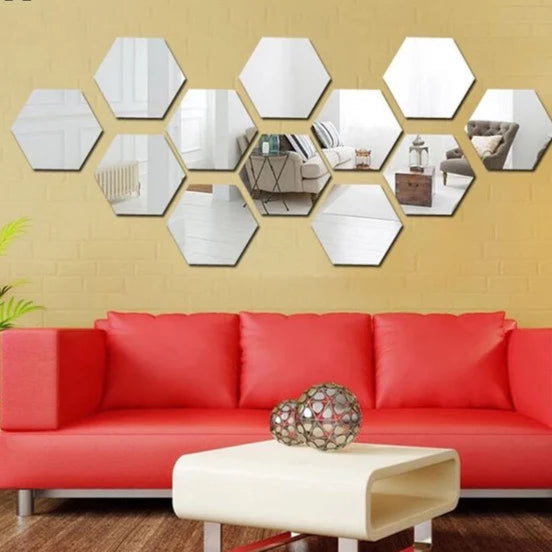 12 Pcs Silver shine Hexagon Decor Mirror (4x4 inch)