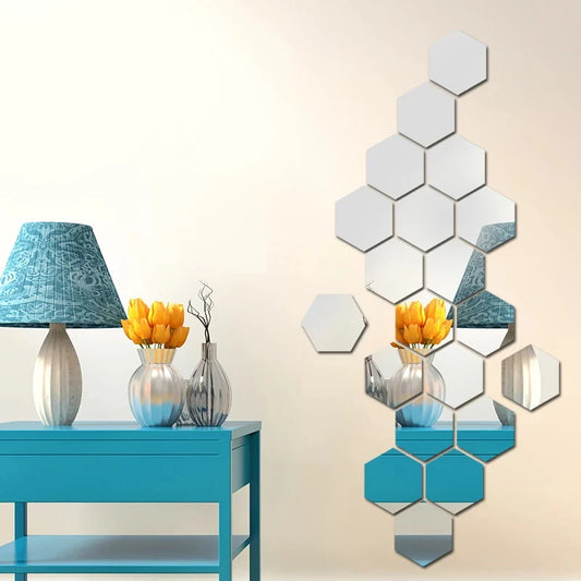 12 Pcs Silver shine Hexagon Decor Mirror (4x4 inch)