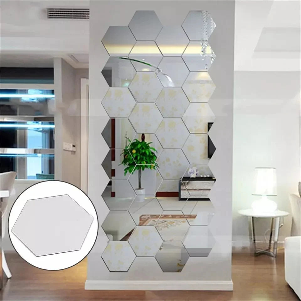 12 Pcs Silver shine Hexagon Decor Mirror (4x4 inch)