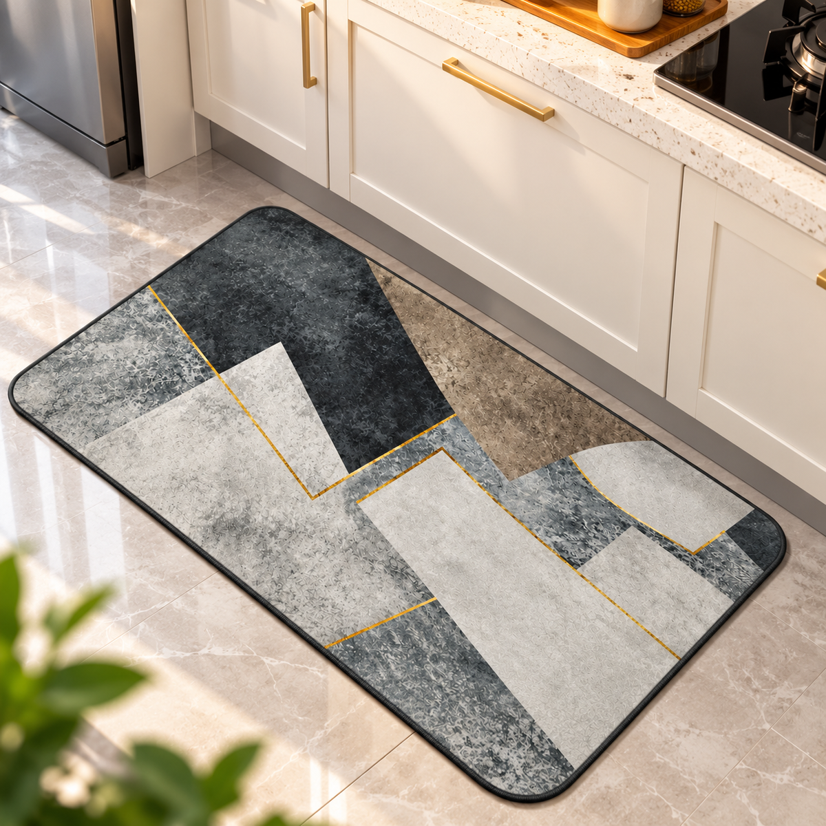 Modern Abstract Floor Mat Grey Black & Gold Design (22x15Inch)