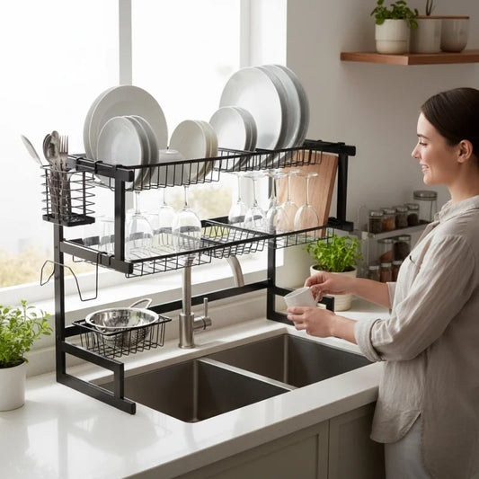 Multi-Functional 2 Tier Kitchen Dish Drainer Organizer Rack