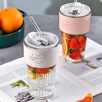 Portable 600ml Glass Cup with Lid and Straw