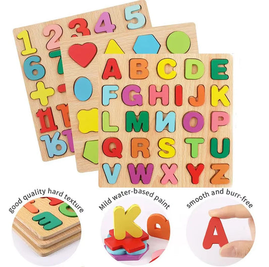 Wooden 3D Alphabet, Numbers & Shapes Learning Puzzle Board