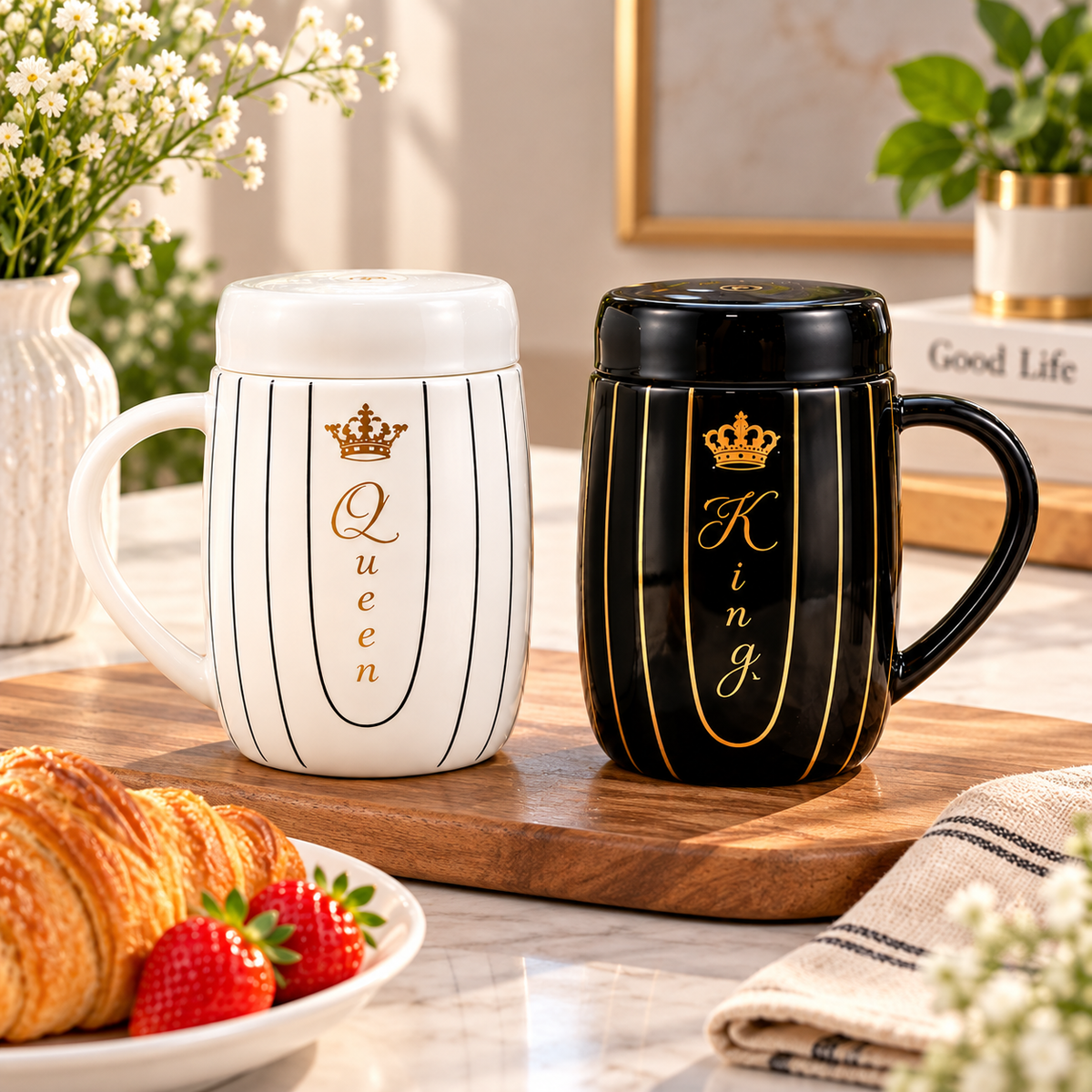 2Pcs Couple Ceramic Mugs Matching King & Queen Coffee Cups