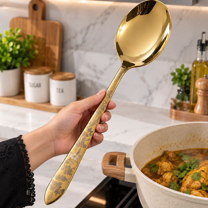 Stainless Steel Gold Serving Spoon Decorative Floral Design (9Inch)