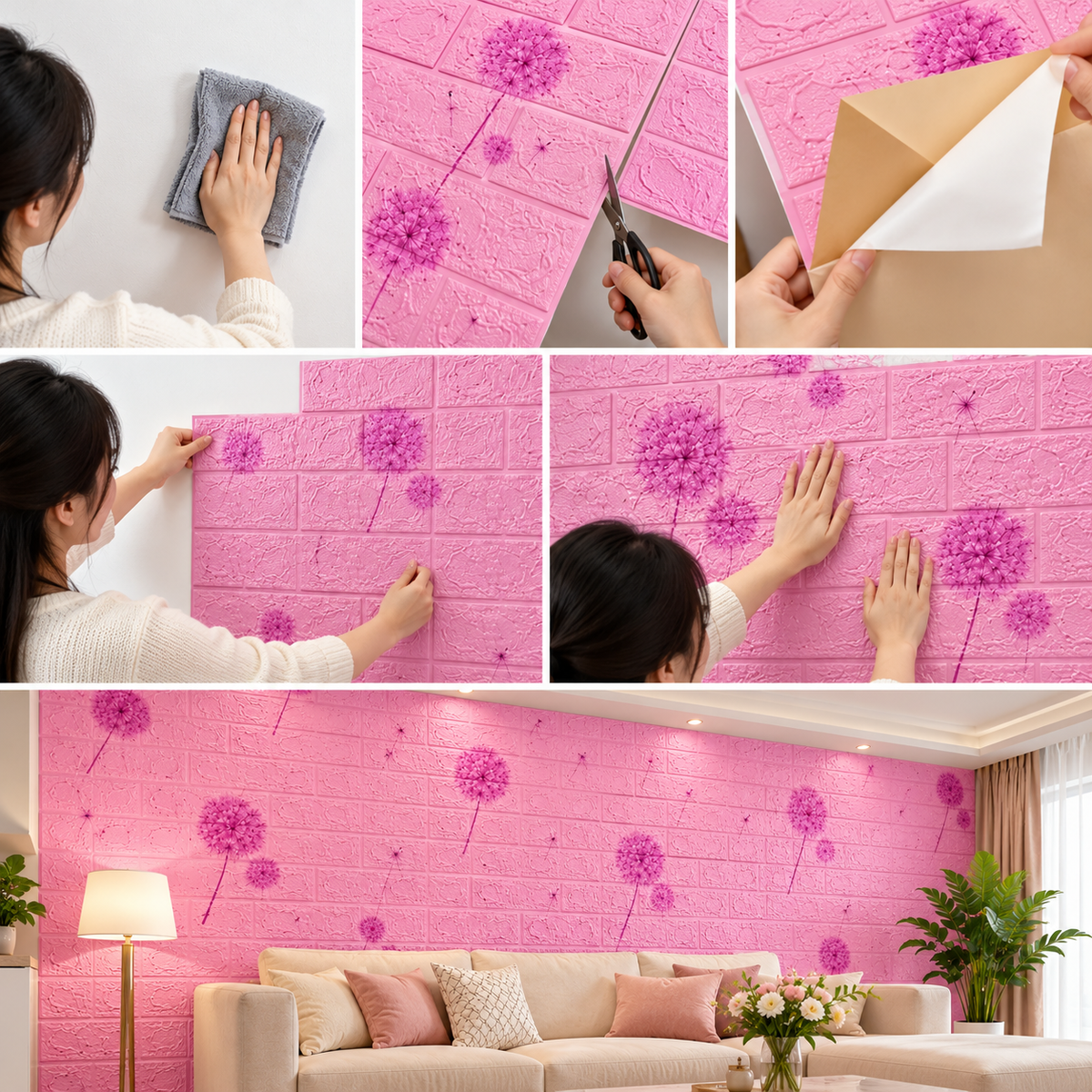 1. 3D Pink Brick Wallpaper – Decorative Wall Panel Sticker for Home
