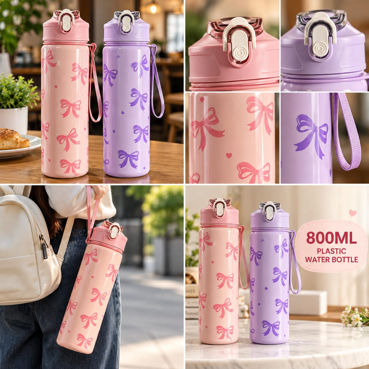 1. Cute Bow Water Bottle with Strap – Reusable Drinking Bottle for Girls