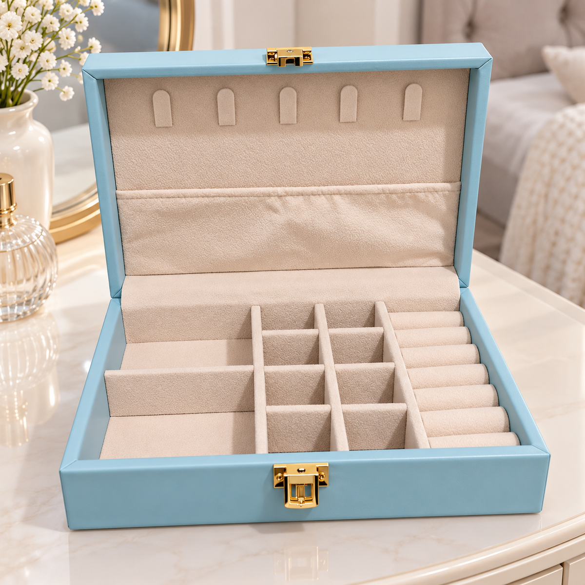 1. Elegant Jewelry Organizer Case – Blue Box with Multiple Compartments