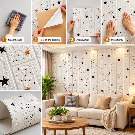 1. Star Pattern Peel-and-Stick Wallpaper – White Brick Wall Decor