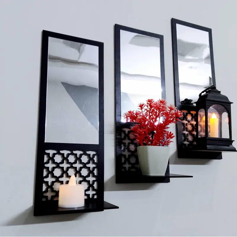 12x4 Inch Black & Silver Acrylic Mirrors – Set of 3 Wooden Decorative Mirrors