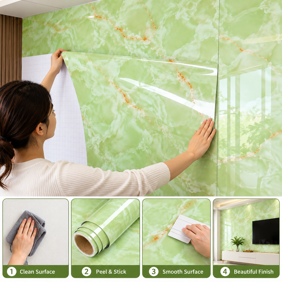 Light Green Marble Vinyl Sticker Decorative Wall Covering (60cm x 200cm)
