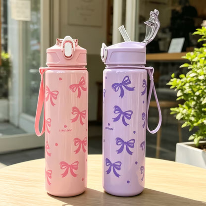 1. Cute Bow Water Bottle with Strap – Reusable Drinking Bottle for Girls