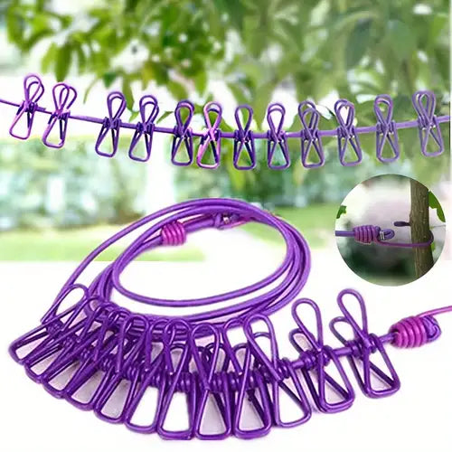 Portable Elastic Clothesline Rope with Clips