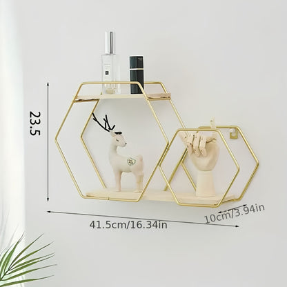 Hexagon Wall Shelf With Wood Shelves Organizer