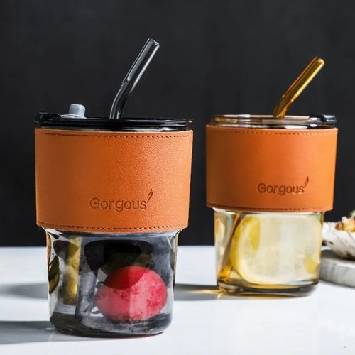 Slub Glass Smoothie Cup with Straw and Leather Cover