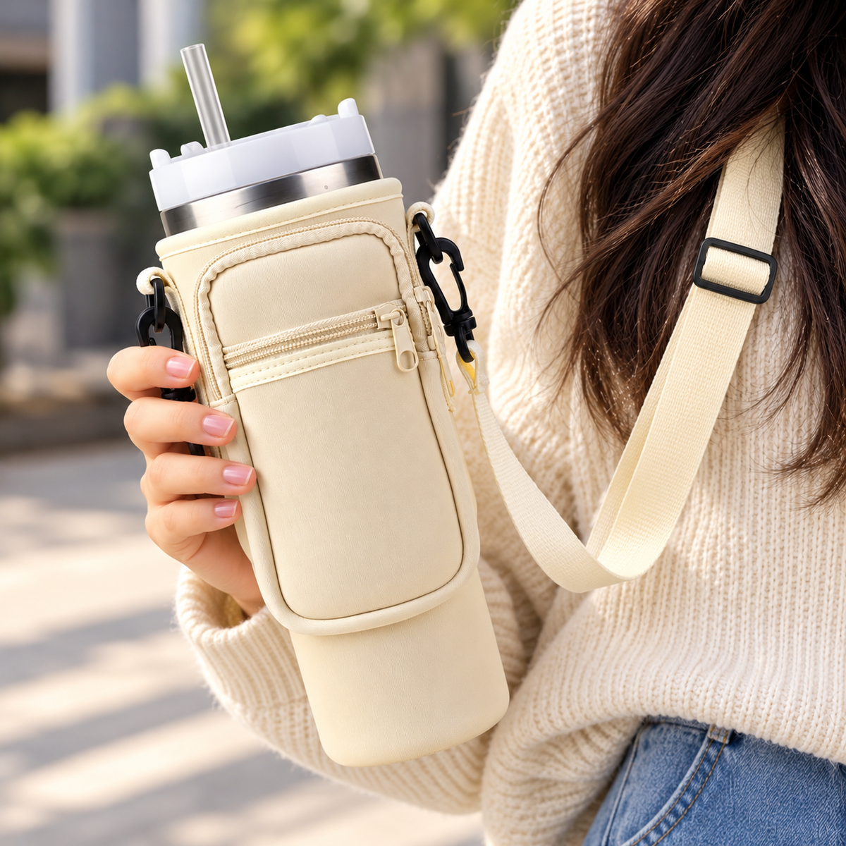 Tumbler Carrier Bag With Phone Pocket & Shoulder Strap