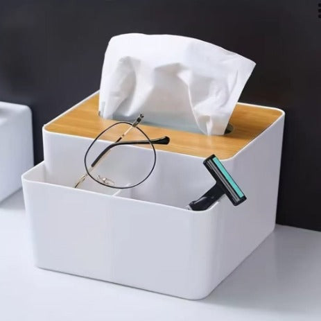 2-in-1 Tissue Box Organizer With Wooden Lid