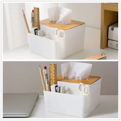 2-in-1 Tissue Box Organizer With Wooden Lid