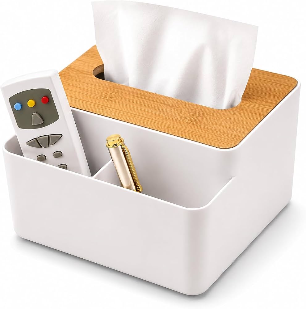 2-in-1 Tissue Box Organizer With Wooden Lid