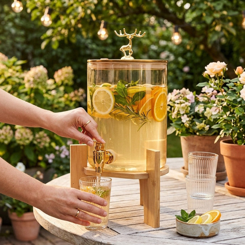2.6L Glass Juice Dispenser – Stylish Bamboo Stand for Home & Parties