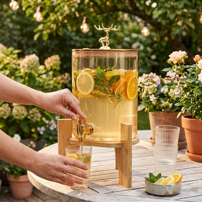 2.6L Glass Juice Dispenser – Stylish Bamboo Stand for Home & Parties
