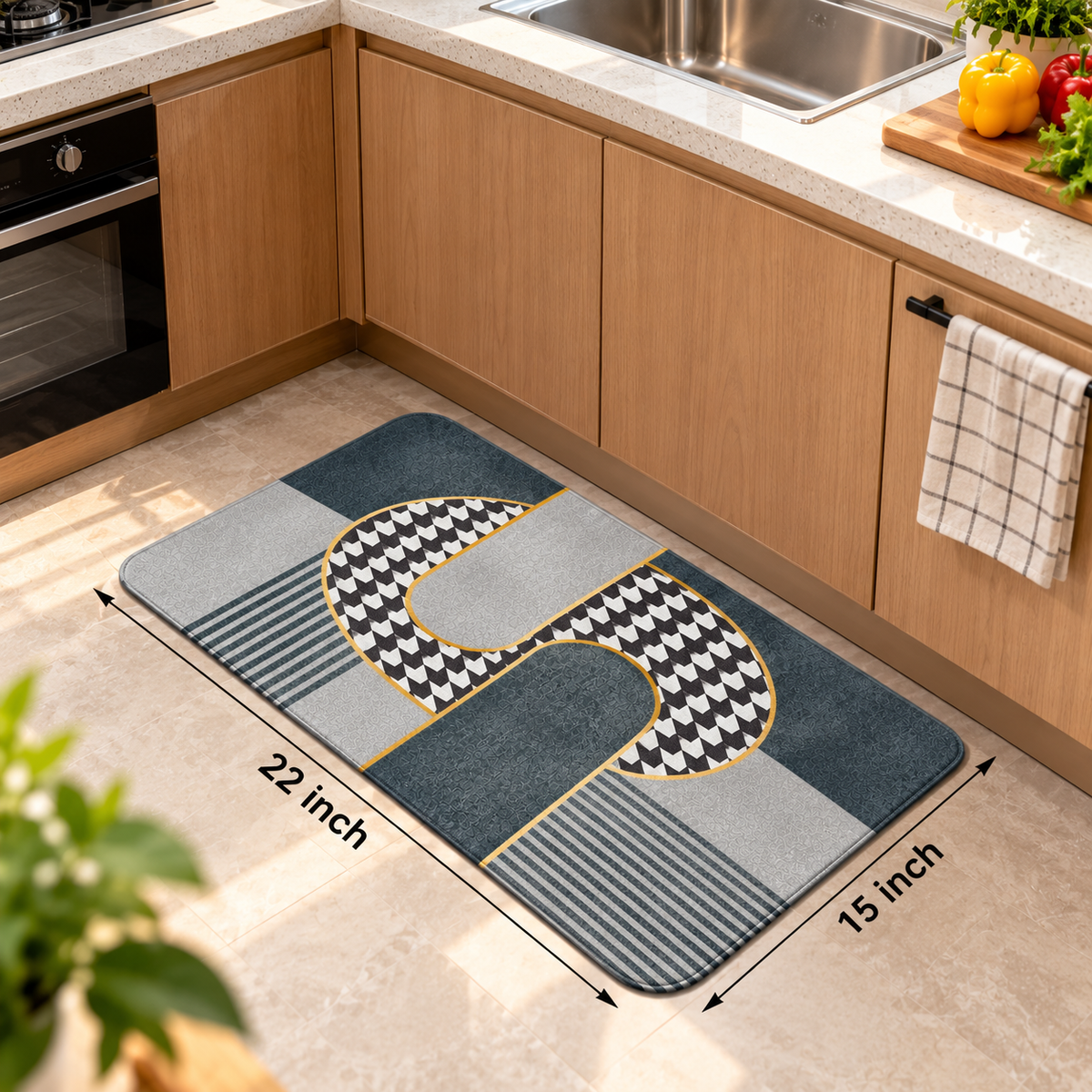 Geometric Printed Floor Mat Grey Black & Gold Design (22x15Inch)