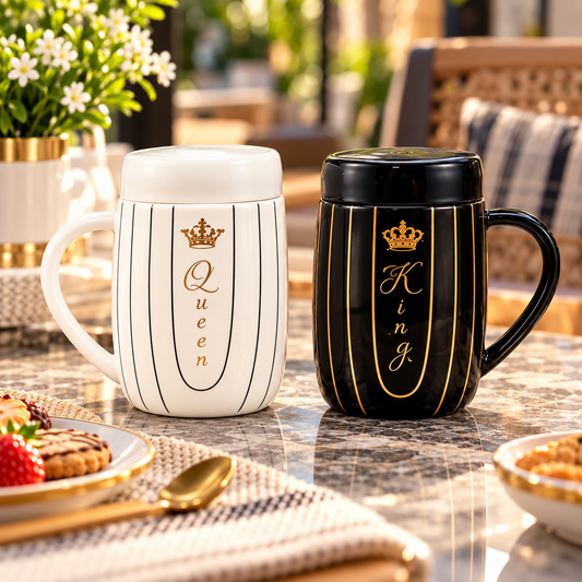 2Pcs Couple Ceramic Mugs Matching King & Queen Coffee Cups