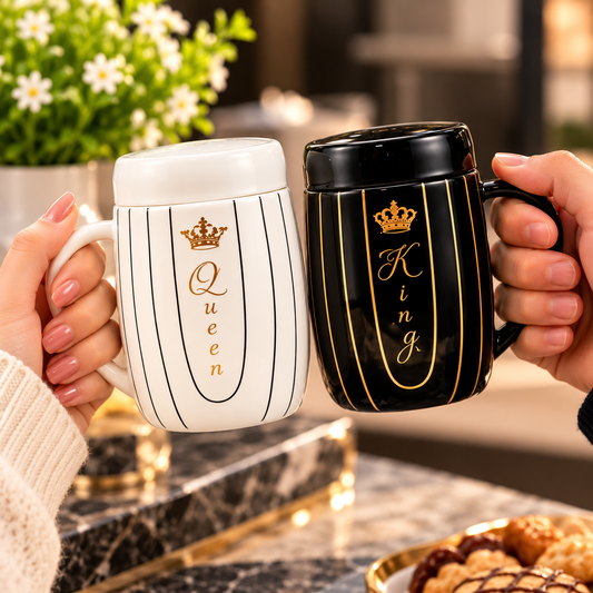 2Pcs Couple Ceramic Mugs Matching King & Queen Coffee Cups