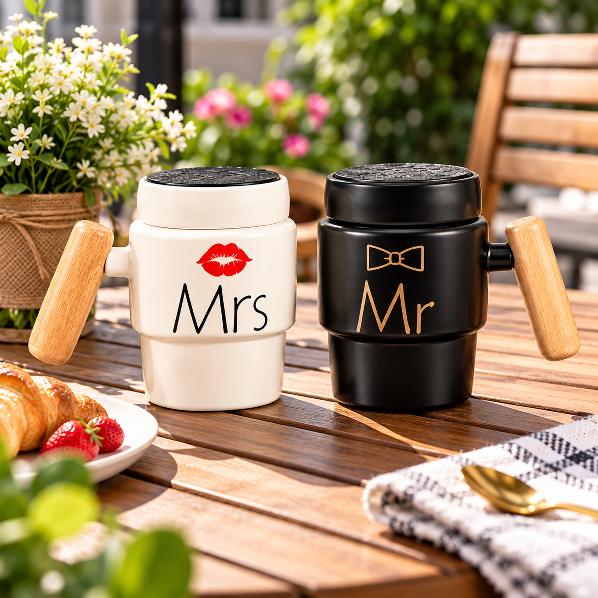 2Piece Couple Mug Set Ceramic Mr & Mrs Coffee Cups With Decorative Lids