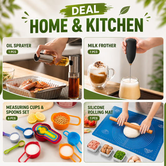 4 In 1 Kitchen Essentials ( Oil Pot+ Coffee Beater+ Measuring Spoon (6Pcs)+ Dough Mat)