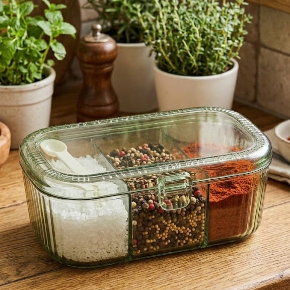 3-Compartment Masala Storage Box – Spice Organizer with Spoon and Cover
