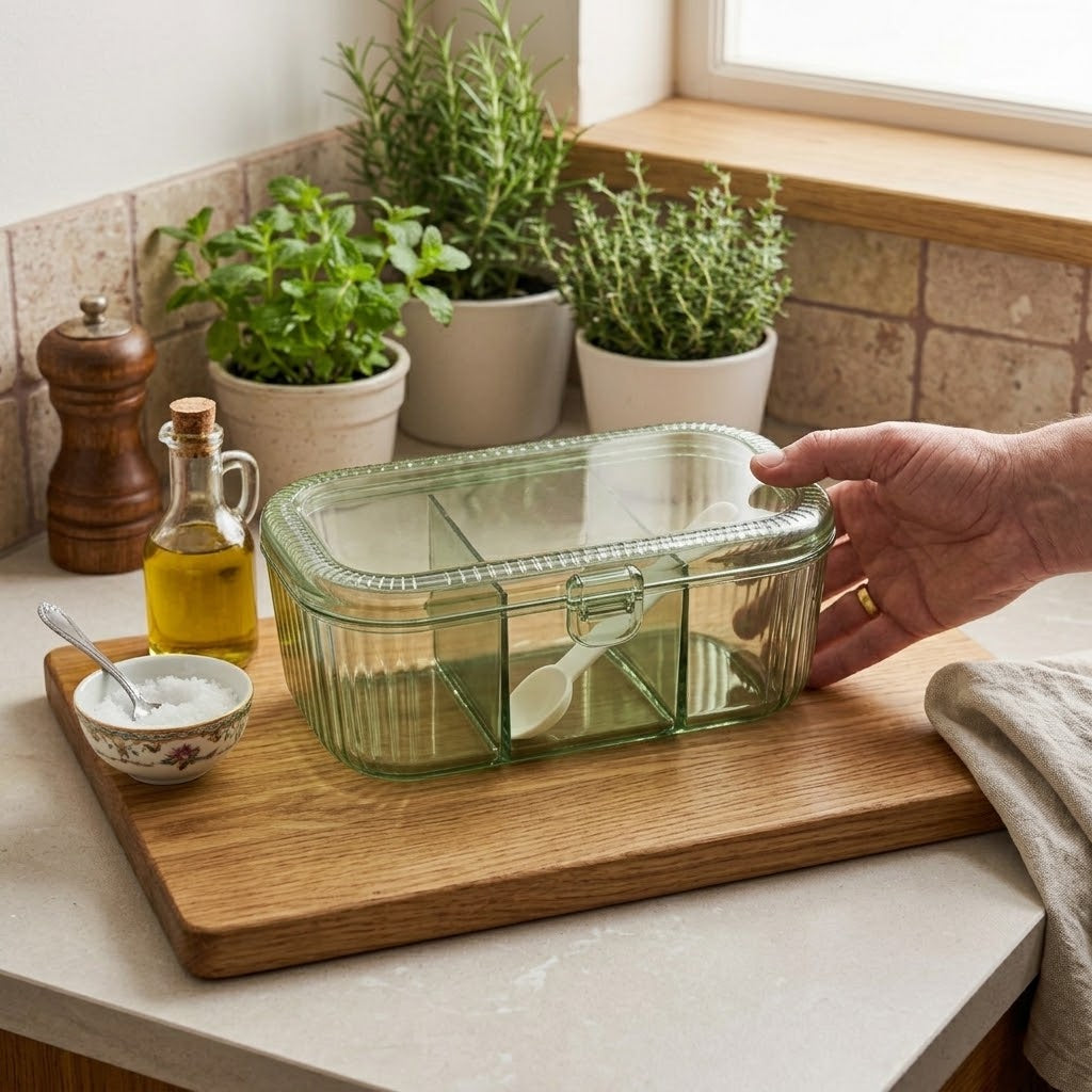 3-Compartment Masala Storage Box – Spice Organizer with Spoon and Cover