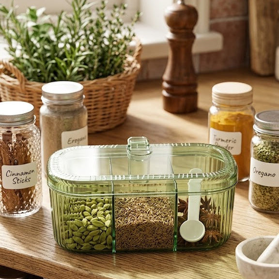 3-Compartment Masala Storage Box – Spice Organizer with Spoon and Cover