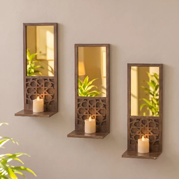 3-Piece Mini Shelf Mirror Set – Wooden Gold Acrylic Mirrors for Home Decoration