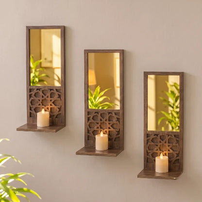 3-Piece Mini Shelf Mirror Set – Wooden Gold Acrylic Mirrors for Home Decoration