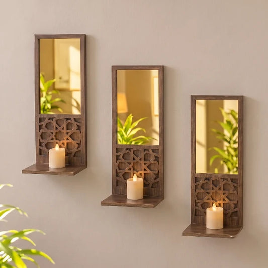 3-Piece Mini Shelf Mirror Set – Wooden Gold Acrylic Mirrors for Home Decoration