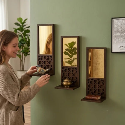 3-Piece Mini Shelf Mirror Set – Wooden Gold Acrylic Mirrors for Home Decoration