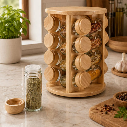 360-Degree Rotating Spice Rack – Wooden Kitchen Seasoning Organizer