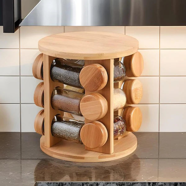 360-Degree Rotating Spice Rack – Wooden Kitchen Seasoning Organizer