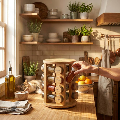 360-Degree Rotating Spice Rack – Wooden Kitchen Seasoning Organizer