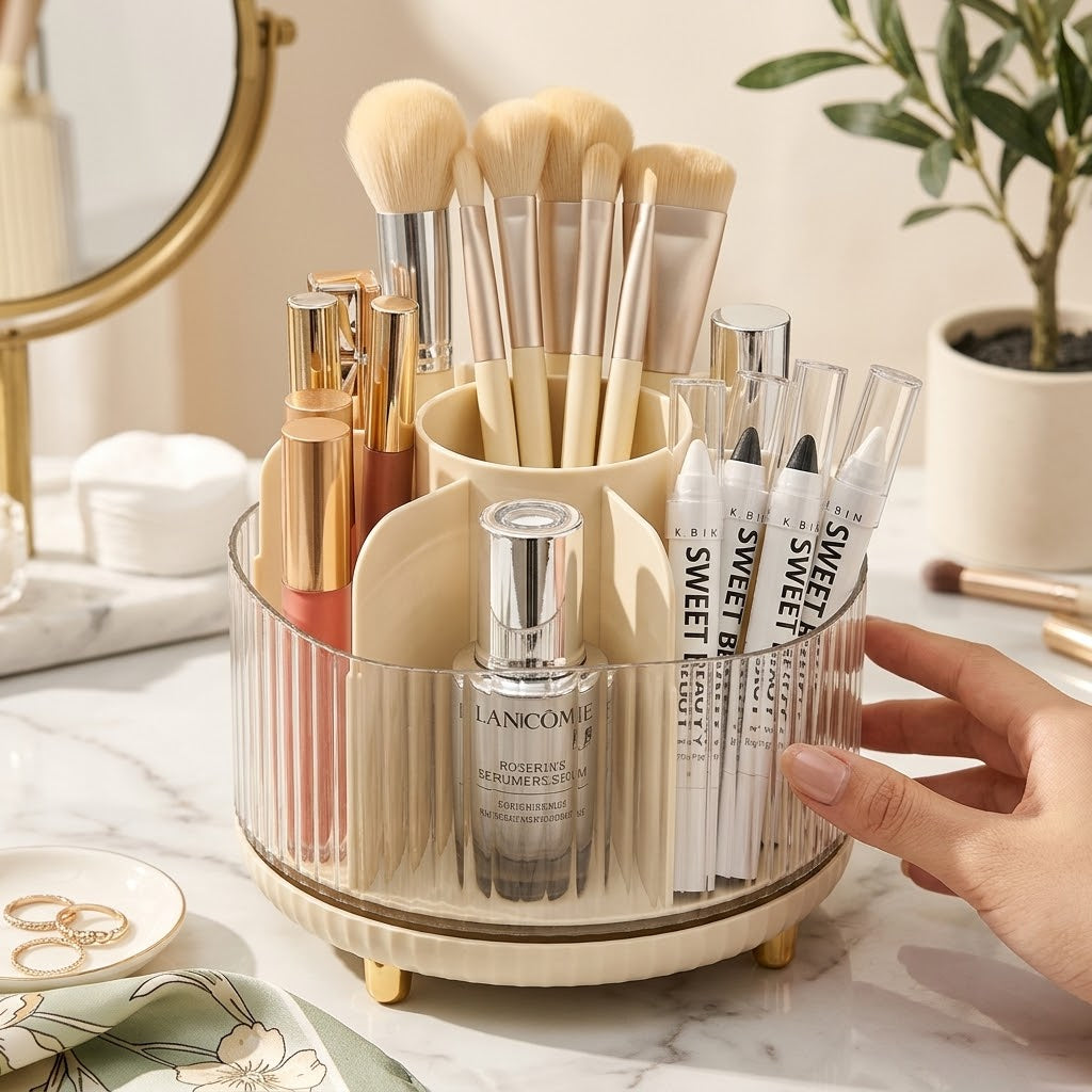 360° Rotating Makeup Brush Organizer, 7-Section Vanity Storage Holder