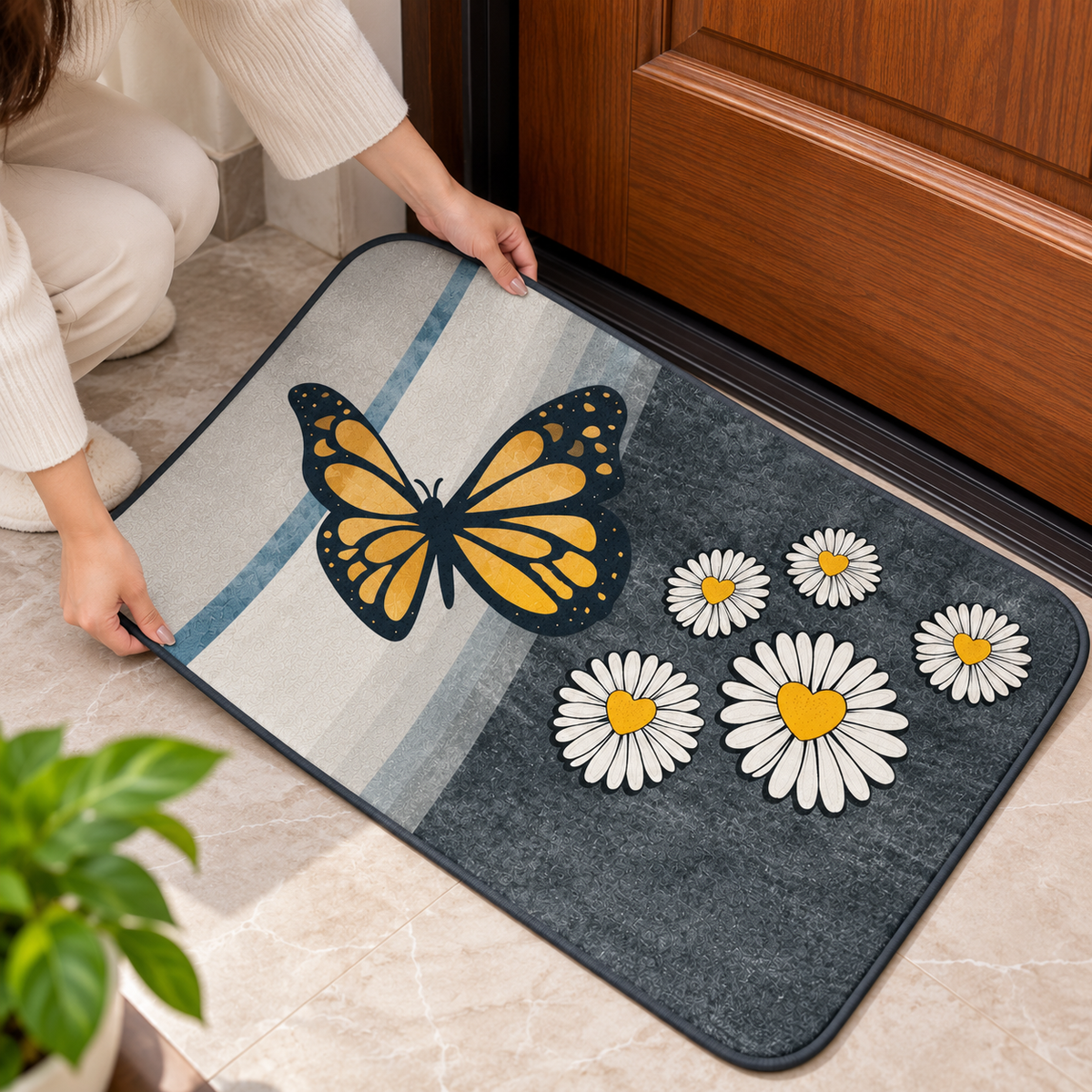 Floral Butterfly Door Mat Stylish Indoor Entrance Rug (22x15Inch)