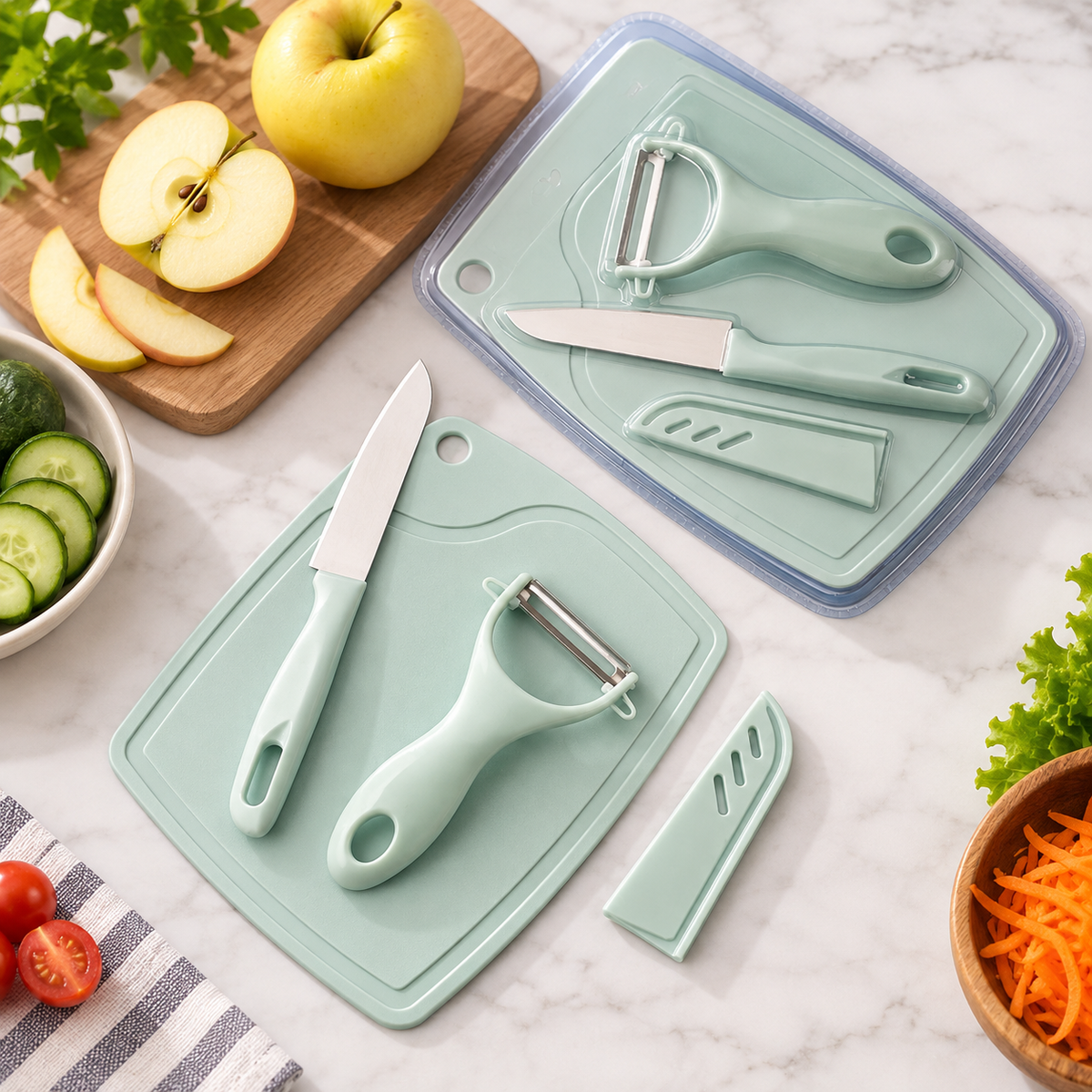 3Pcs Vegetable Peeling Kitchen Set – Stainless Steel Fruit Knife & Cutting Board